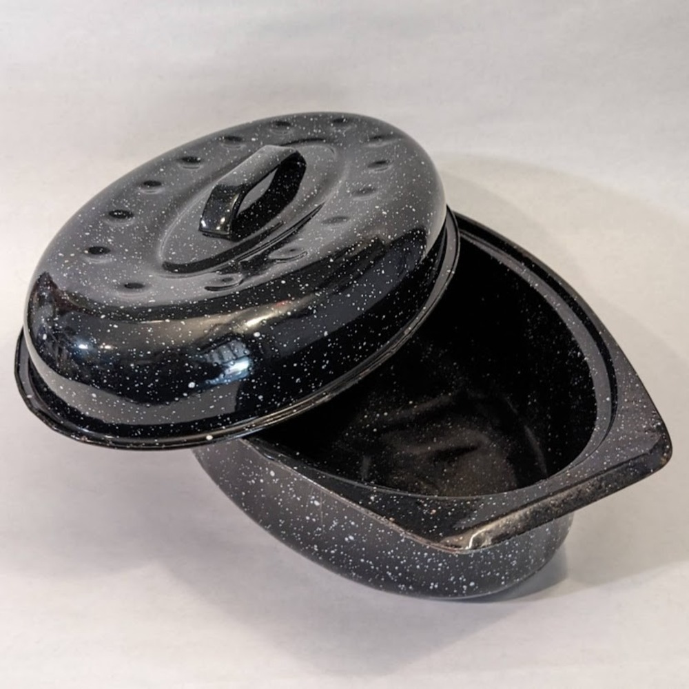 Vintage Graniteware Roasting Pan Black White Speckled Enamelware Oval Lidded 13" - Picture 2 of 11